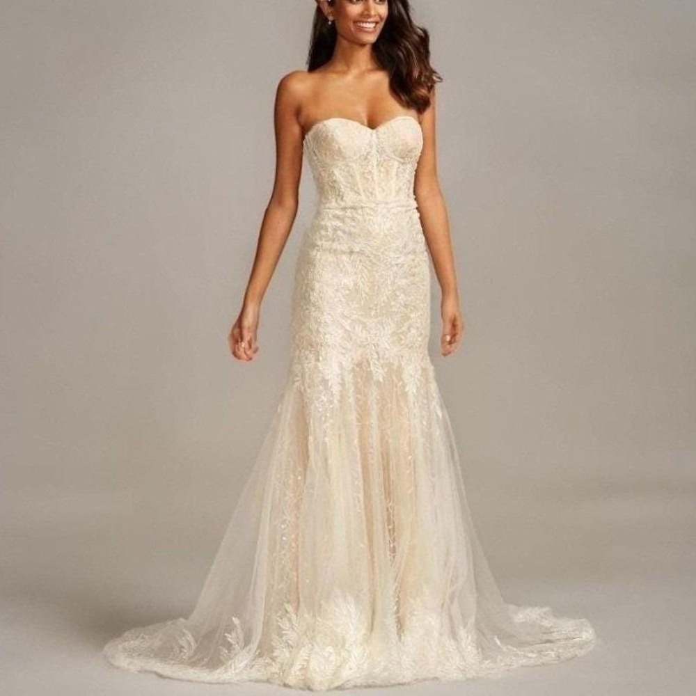 Melissa Sweet Strapless Lace Wedding Dress Size 6 White Corset Bustier Embroider